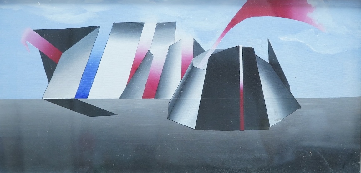 Attributed to Eugenio Manzella (Italian), Abstract composition, unsigned, label and inscriptions verso, 1970’s oil on canvas, 28 x 58cm